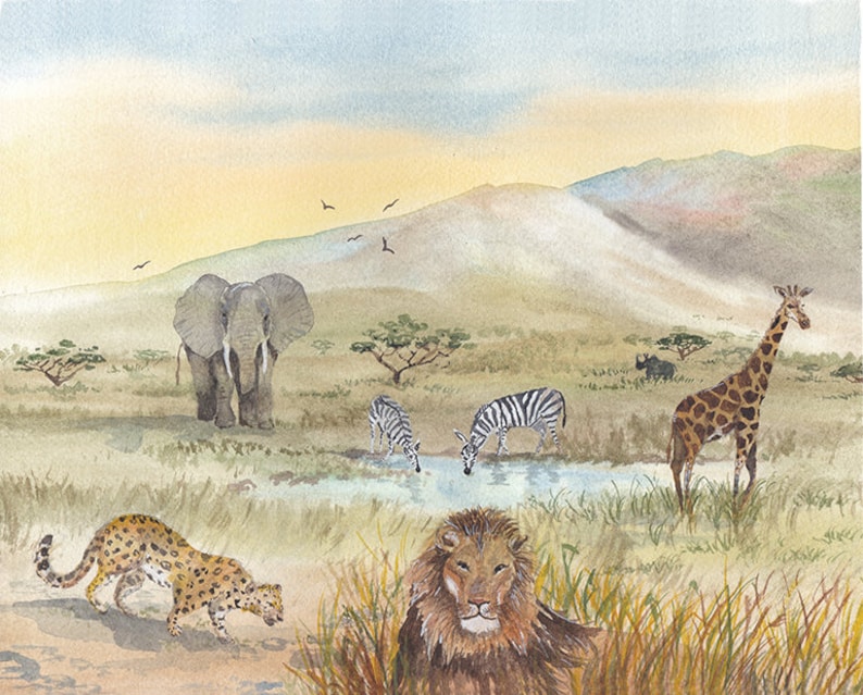 May include: A watercolor painting depicting a savanna landscape with a variety of animals, including an elephant, zebras, a giraffe, a lion, and a leopard. The animals are gathered around a watering hole in the middle of the scene.