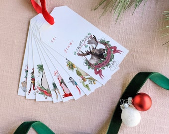 Assorted Christmas Crests Gift Tag Set No. 3 | Watercolor Gift Tag | Holiday Gift Tag | Christmas Hanging Tag | Animal Christmas Tags