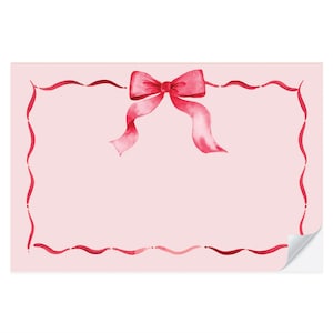 May include: A pink background with a red ribbon bow in the centre. The bow is tied with a knot and the ends of the ribbon are flowing down. The background has a wavy red border.