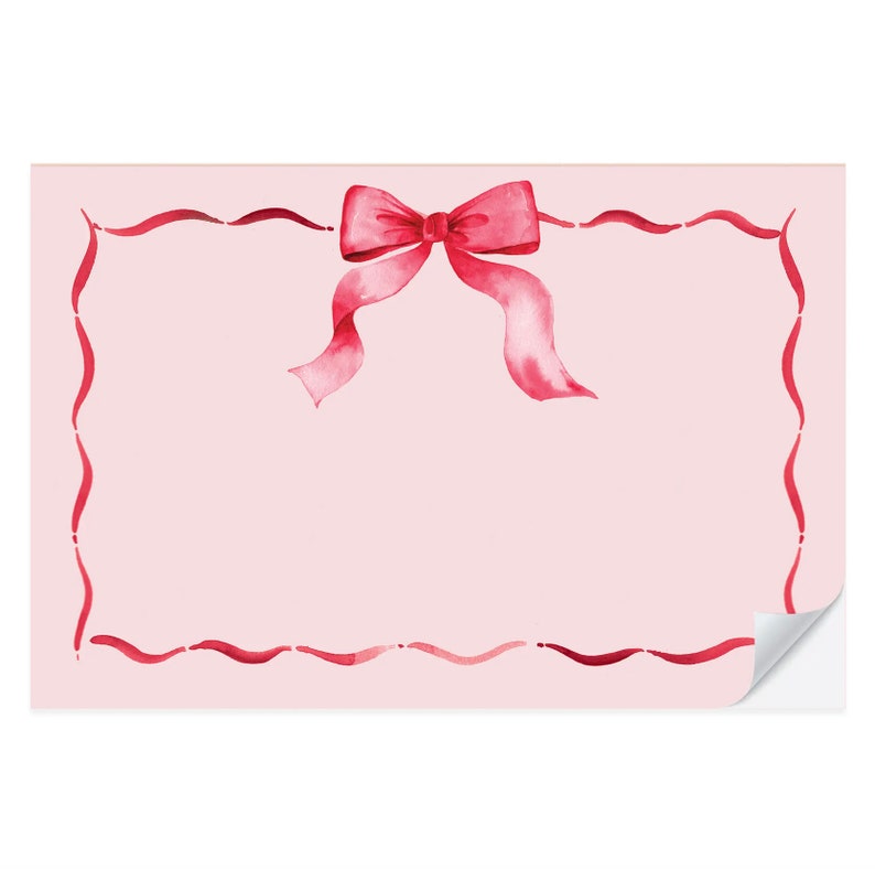 May include: A pink background with a red ribbon bow in the centre. The bow is tied with a knot and the ends of the ribbon are flowing down. The background has a wavy red border.