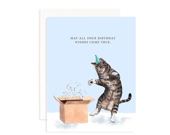 Carte d’anniversaire drôle de chat | Les souhaits d'anniversaire se réalisent | Carte de vœux d’anniversaire Kitty aquarelle | Carte pour les amoureux des chats | Carte d'anniversaire chat tigré