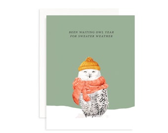 Been Waiting Owl Year for Sweater Weather Card | Watercolor Own Card | Sweater Weather Greeting Card | Fall Card | Cute Autumn Greeting Card