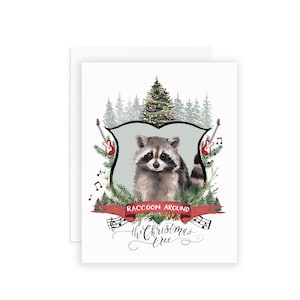 Carte de Noël de raton laveur, bascule autour de l’arbre de Noël, ensemble de cartes de Noël, cartes d’animaux, Noël de la faune