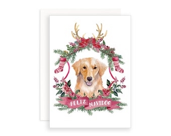 Feliz Navidog Christmas Card | Watercolor Golden Retriever Christmas Card | Dog Christmas Card | Feliz Navidad Christmas Card | Holiday Puns