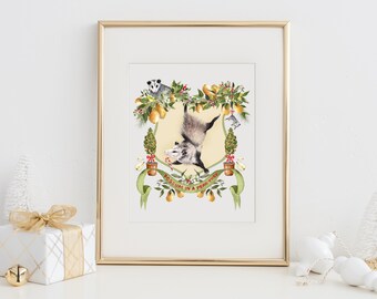 Possum in a Pear Tree Christmas Print, Holiday Decor, Christmas Decor, Watercolor Christmas Decor, Possum Holiday Art Print