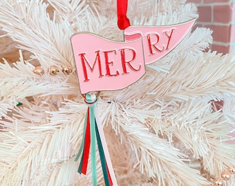 Merry Ornament | Merry Party Pennant Enamel Ornament |  Pink Christmas Ornament | Colorful Christmas Ornament | Stocking Stuffer Gift Idea