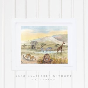 May include: Watercolor painting of a savanna scene with a lion, giraffe, zebra, elephant, and leopard. The animals are drinking from a watering hole in the middle of the scene. The background is a grassy savanna with a mountain in the distance.