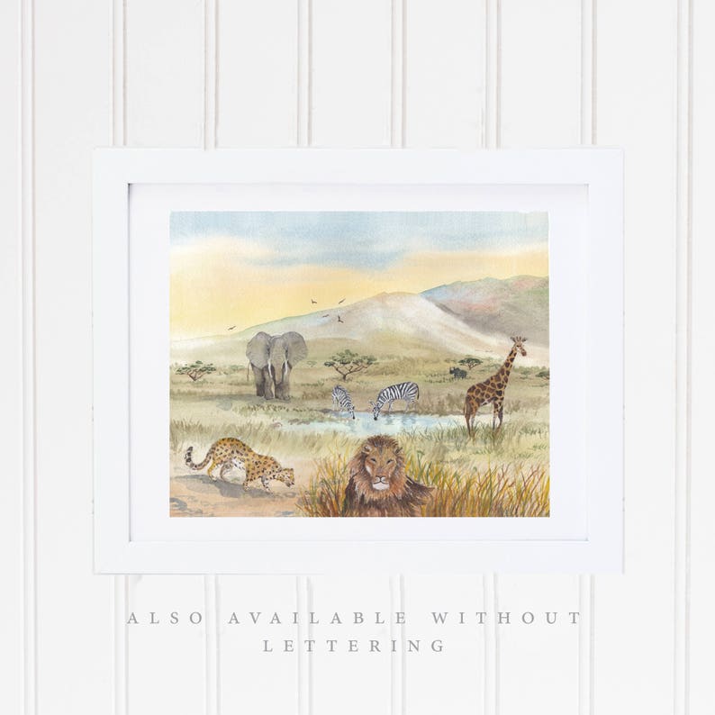 May include: Watercolor painting of a savanna scene with a lion, giraffe, zebra, elephant, and leopard. The animals are drinking from a watering hole in the middle of the scene. The background is a grassy savanna with a mountain in the distance.
