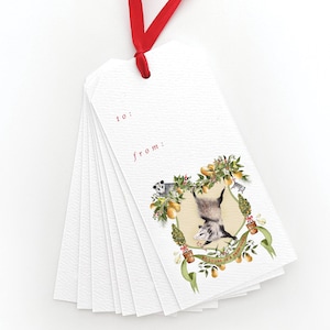 Gambá em um conjunto de etiquetas para presente de pereira | etiqueta para presente em aquarela | Etiqueta de presente | Etiqueta de suspensão de Natal | Decoração de Natal Gambá