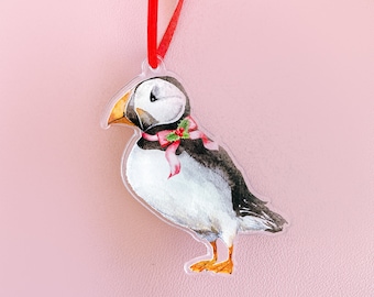 North Pole Puffin Christmas Ornament | Acrylic Christmas Ornament | North Pole Ornament | Watercolor Puffin Ornament