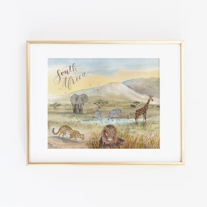 May include: A watercolor painting of a South African savanna scene with a lion, giraffe, zebra, elephant, and leopard. The painting has a light blue sky with a golden sunset in the background.