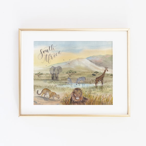 Watercolor South Africa Safari Scene Print | Safari Watercolor Art | Elephant Painting | Zebra Art | Tiger Print | Giraffe Art | Nursery Art