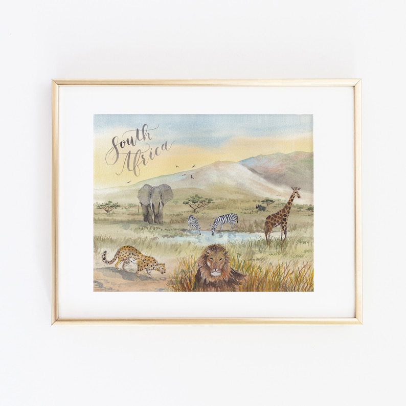 May include: A watercolor painting of a South African savanna scene with a lion, giraffe, zebra, elephant, and leopard. The painting has a light blue sky with a golden sunset in the background.
