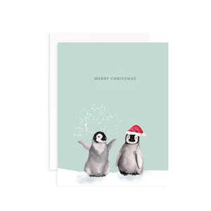 Tarjeta de felicitación de pingüinos de Navidad / Tarjeta de pingüino navideño / Tarjeta de Navidad de acuarela / Tarjeta de invierno / Pingüinos de acuarela