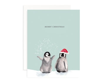 Christmas Penguins Greeting Card | Holiday Penguin Card | Watercolor Christmas Card | Winter Card | Watercolor Penguins