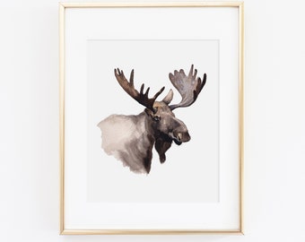 Moose Watercolor Painting | Moose Print | Moose Nursery Decor | Woodland Nursery Decor | Forest Animal Nursery | Moose Artwork | Moose Art