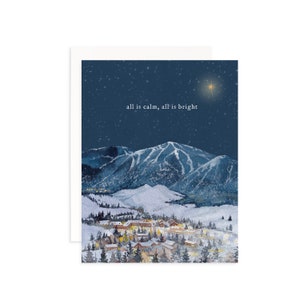 All is Calm All is Bright kerstwenskaart | Aquarel kerstkaart | Kerstdorpkaart | Skidorp | Skigebied