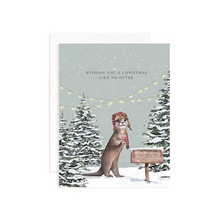 May include: A Christmas card featuring a cartoon otter wearing a red and white hat and holding a cup of coffee. The otter is standing in a snowy forest with Christmas lights strung between the trees. The card reads "Wishing you a Christmas like no otter" and "Olive the Otter Reindeer's Farm Fresh Christmas Trees".