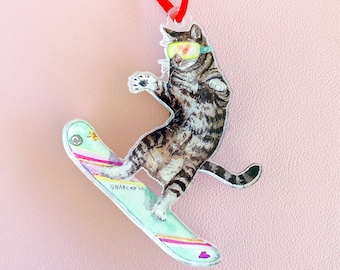 Snowboard Cat Christmas Ornament | Snowboarding Ornament |  Watercolor Cat Ornament | Ornament for Snowboarder | Snowboard Gift Idea