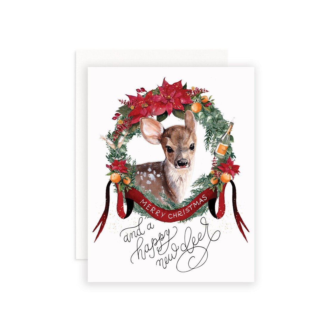 Happy New Deer Christmas Card | Watercolor Christmas Card | Christmas ...