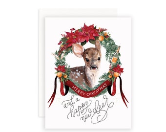 Happy New Deer Christmas Card | Watercolor Christmas Card | Christmas Card | Watercolor Crest Card | Christmas Deer Puns