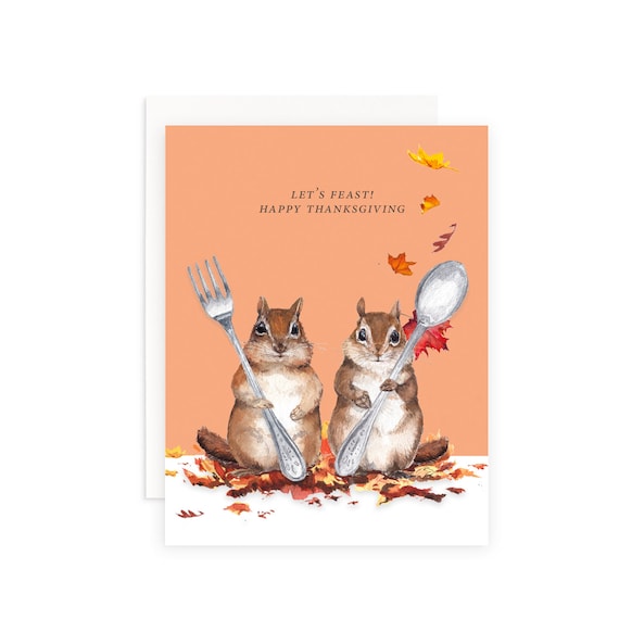 Let's Feast Thanksgiving Greeting Card | Cute Thanksgiving Card | Watercolor Chipmunk Thanksgiving Card | Fall Chipmunk Card | Cute Animals