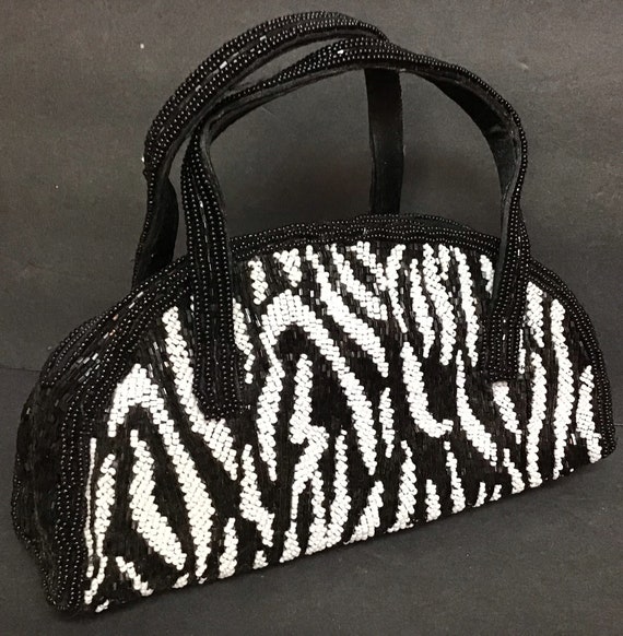 Zebra Print Beaded Top Handle Evening Bag Handbag
