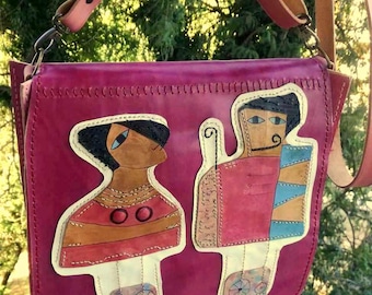 Borsa artistica in pelle fatta a mano – Borsa a tracolla patchwork – Borsa a tracolla unica nel suo genere – Regalo per lei
