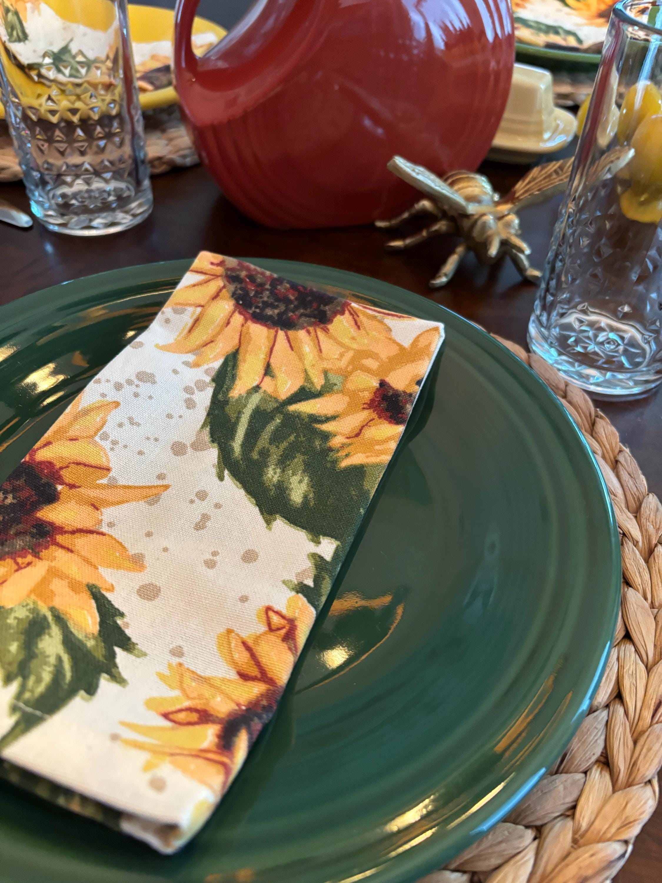 Handmade Cotton Table Napkins – Block Printed Sunflower Floral, Blue, Set Of 4, Bohemian Style