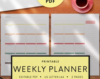 EDITABLE Blank Weekly Planner-  printable PDF, US Letter + A4, 2 pages, lined