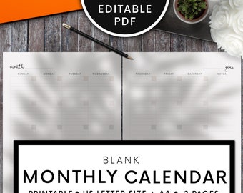 EDITABLE Blank Monthly Planner, printable PDF, US Letter+A4, lined