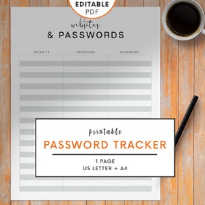 Editable PDF Password Tracker Printable, US Letter + A4 - Etsy