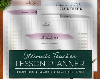 Editable Teacher Planner Printable PDF | Watercolor Lesson Planner | US Letter & A4 Sizes