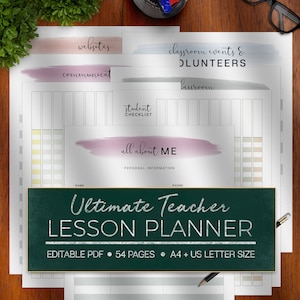 Editable Teacher Planner Printable PDF | Watercolor Lesson Planner | US Letter & A4 Sizes