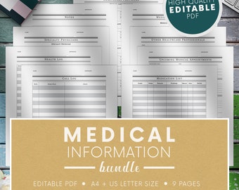 EDITABLE Medical Information Bundle – Printable PDF, A4+ US Letter Size, Medication Tracker, Medical History, Appointment Planner