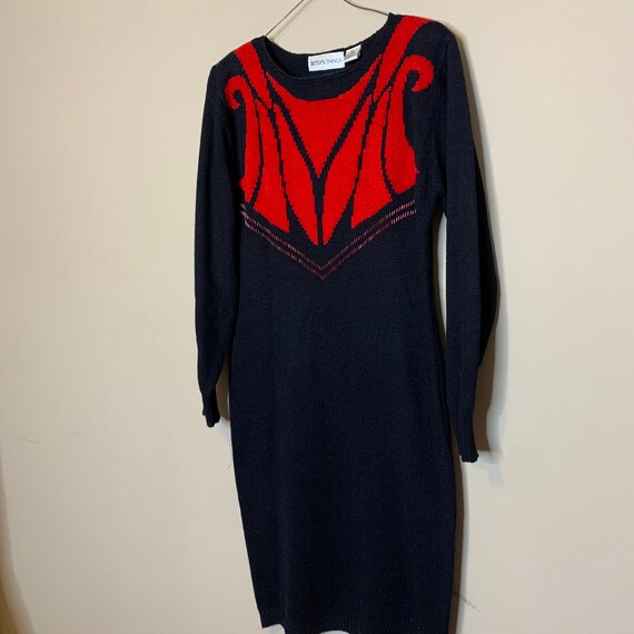 Vintage 80s Knit Sweater Dress size M Black Red R… - image 6