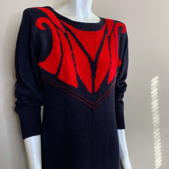Vintage 80s Knit Sweater Dress size M Black Red R… - image 3