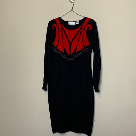 Vintage 80s Knit Sweater Dress size M Black Red R… - image 5