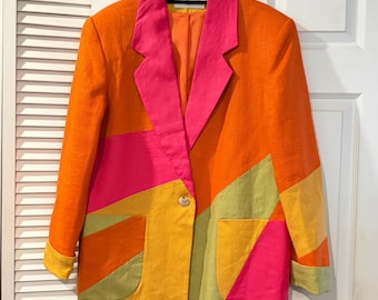 Vintage Color Block Artwear Blazer Linen Look Jacket International Scene Ukraine Pink Orange Statement Jacket Dopamine Dressing Womens L XL