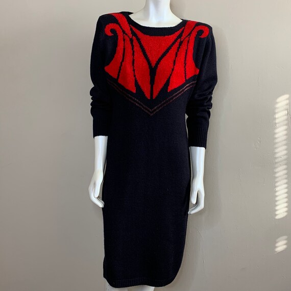Vintage 80s Knit Sweater Dress size M Black Red R… - image 2