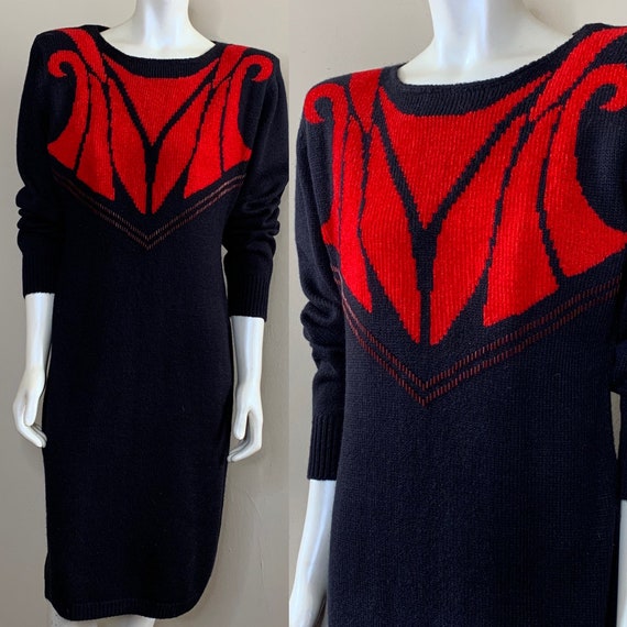 Vintage 80s Knit Sweater Dress size M Black Red R… - image 1