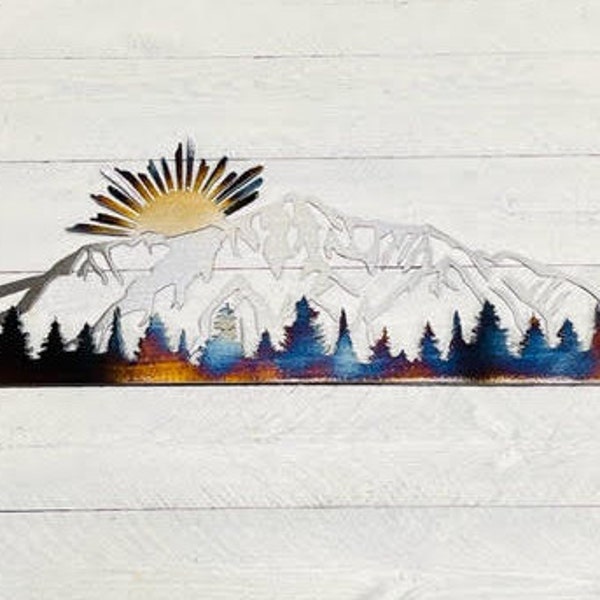 Metal Mountains with Sunrise and Trees Wall Art