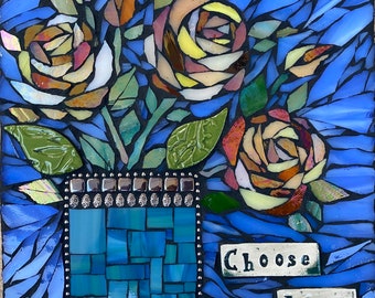 Mosaic Wall Art Vibrant Red Roses on Blue Background Mosaic Home 8x8
