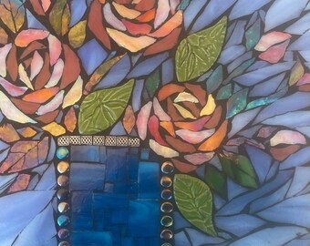 Mosaic Wall Art Vibrant Red Roses on Blue Background Mosaic Home 8x8