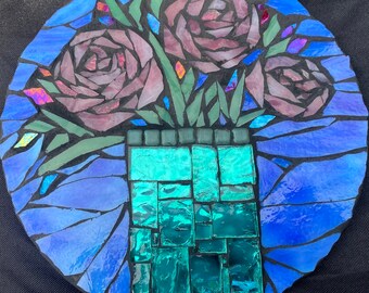 Mosaic Wall Art Vibrant Red Roses on Blue Background Mosaic Home 8x8