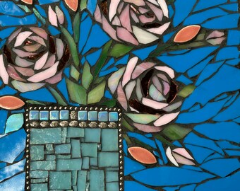 Mosaic Wall Art Vibrant Red Roses on Blue Background Mosaic Home 8x8