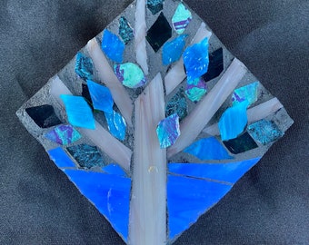 Mosaic Wall Art Tree Mini Aqua Diagonal 4 x 4 Gift for friend or coworker.