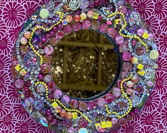 Mosaic Mirror Pink Yellow 7 inch Round. Gift for friend or coworker