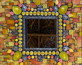 Mosaic Mirror Yellow & Orange 10 x 10 Gift for Friend or Coworker