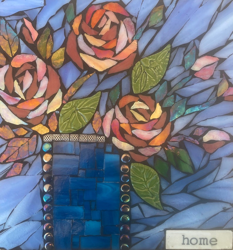 Mosaic Wall Art Vibrant Red Roses on Blue Background Mosaic Home 8x8